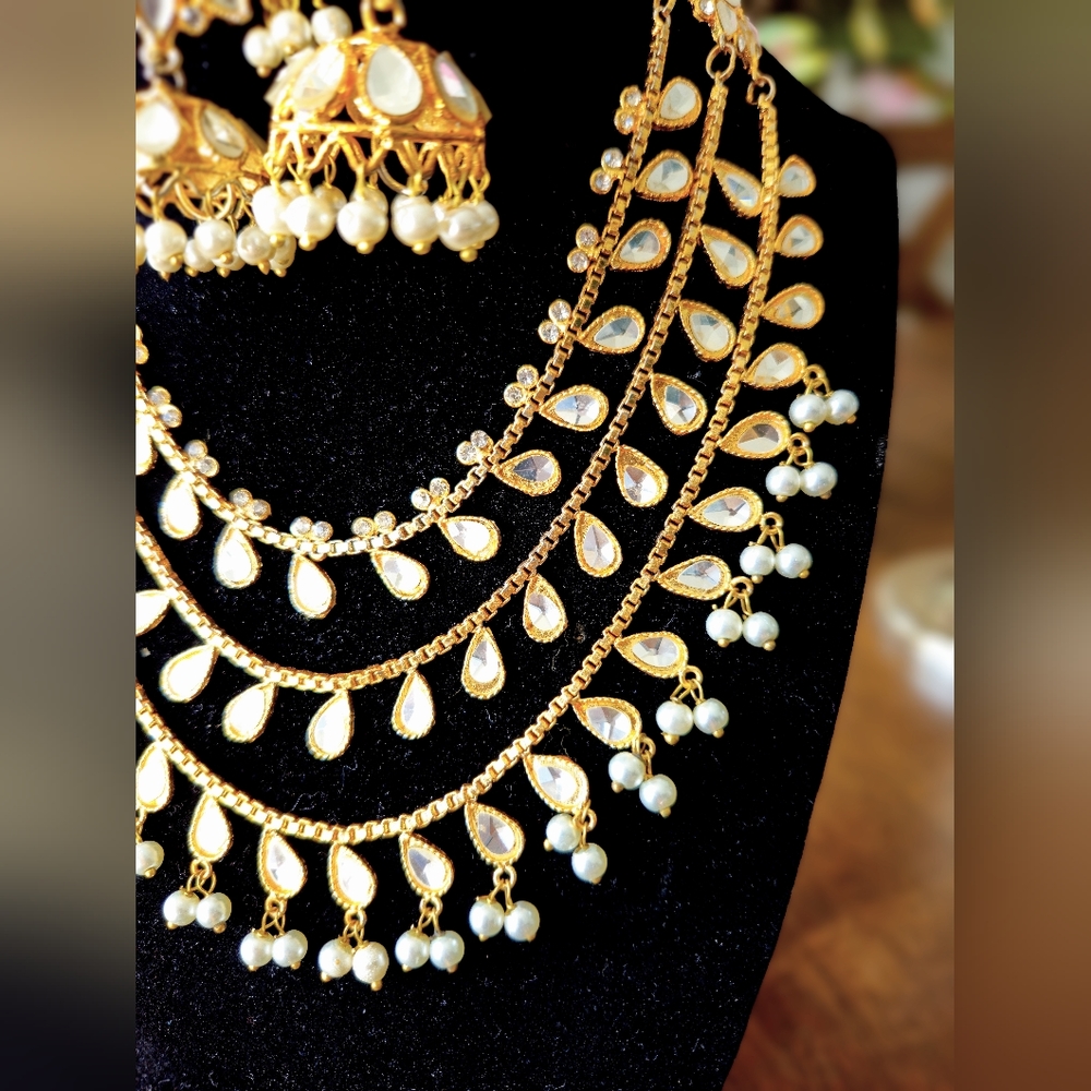 3 tier Kundan necklace Mala with jhumka set/ Indian jewellery/ pakistani jewelry - Picture 4 of 7